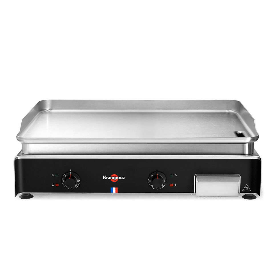 Vue de face de la plancha pro électrique Krampouz en inox avec deux zones de cuisson côte à côte